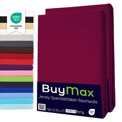 Produktbild von Buymax Spannbettlaken 200x200cm Doppelpack 100% Baumwolle Spannbetttuch Bettlaken Jersey, Matratzenhöhe bis 25 cm, Farbe Bordeaux