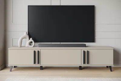 Produktbild von MINIO go for it, Lowboard "HURON", TV-Schrank 180 cm, 3 Türen, Push-to-Open, Kunststofffüße, Beige Congo/ Schwarz Farbe