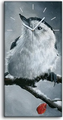 Produktbild von Leinwand Uhr Küche Wohnzimmer Bild 30x60 Malerei Zweig Tier Vogel Schnee Winter - weiße Hände