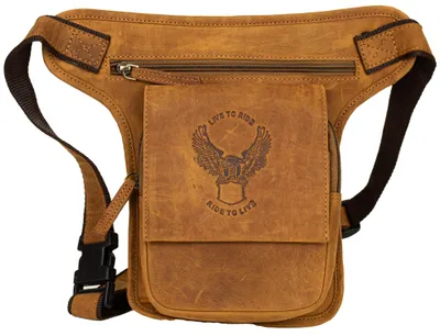 Produktbild von Biker Beintasche Hüft,- Umhänge,- Gürteltasche mit Adler-Prägung „LIVE TO RIDE“(Cognac)