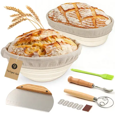 Immagine prodotto di Set di cestini per lievitazione, da 25 cm e 23 cm, rotondi e ovali, con accessori per la preparazione del pane, ideali per la cucina
