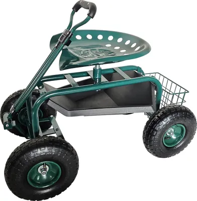 Immagine prodotto di Relaxdays: sedia da giardino su ruote, regolabile in altezza, 150 kg, vano portaoggetti, manubrio, acciaio, ruote pneumatiche, carrello da giardino, verde