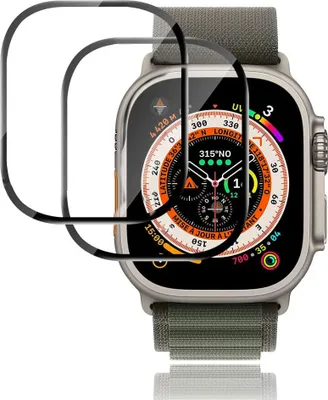 A screen protector is shown overlaid on an Apple Watch.