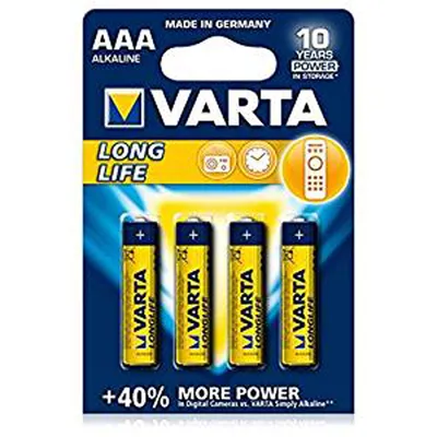 A blister pack of Varta AAA alkaline batteries.