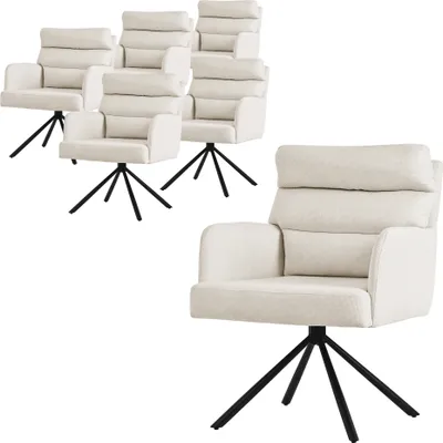 A set of beige dining chairs with black metal legs, arranged on a white background.