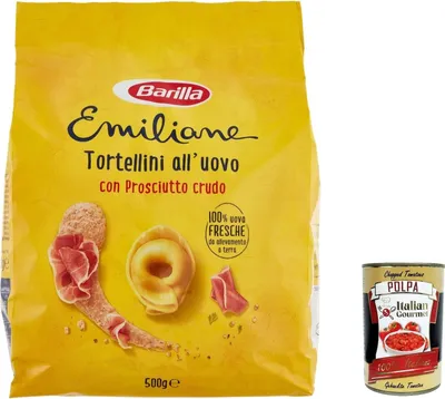 Produktbild von 12x Barilla Pasta all' Uovo Le Emiliane Tortellini con Prosciutto Crudo, Eiernudeln, Pasta mit Ei 500g + Italian Gourmet polpa 400g
