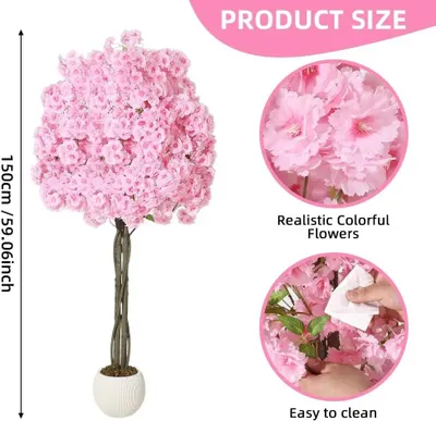 Immagine prodotto di Albero di ciliegio artificiale - Albero decorativo con fiori di seta - 150 cm - Fiori rosa - Tronco in legno naturale - Vaso - Adatto per interni ed esterni