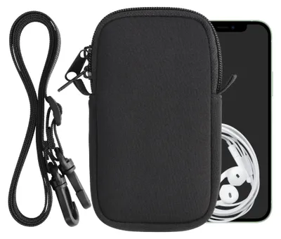 Produktbild von kwmobile Handytasche für Smartphones M - 5,5" - Neopren Handy Hülle Schwarz mit Kordel - Handy Tasche mit Handykette 15,2 x 8,3 cm Innenmaße