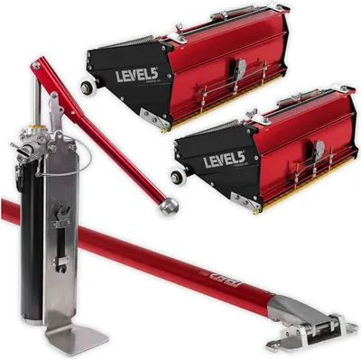 A set of drywall finishing tools, including two flat boxes and a loading pump with an extendable handle, displayed against a white background.