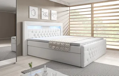 Produktbild von Moebelfest Boxspringbett 180x200 cm mit Blau LED-Beleuchtung: Polsterbett mit 2 Bettkästen, 2 Taschenfederkernmatratzen 7 Zonen, Topper sowie Kopf- und Fußteil (Ascona in Weiß)