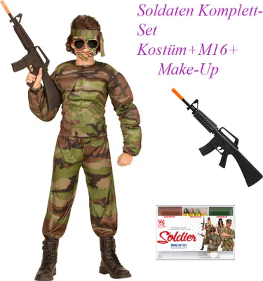 Produktbild von Muskel Soldat Kostüm Komplett Set + M16 Maschinengewehr & Make- Up # Gr. 128