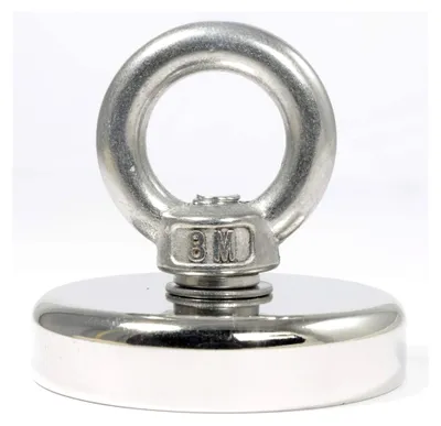 Produktbild von Neodym Magnet - Flachgreifer mit Ringmutter - Bergemagnet Topfmagnet 50mm - 90 KG Zugkraft - M8 Gewinde Öse - Ösenmagnet