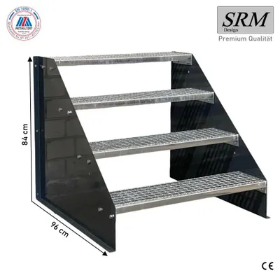 A four-step metal staircase with a black frame, shown against a white background. Dimensions are indicated by text overlays.