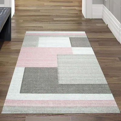 Produktbild von Designer Teppich Moderner Teppich Wohnzimmer Teppich Kurzflor Teppich mit Konturenschnitt Karo Muster Pastellfarben Rosa Creme Beige Größe - 80 x 300 cm