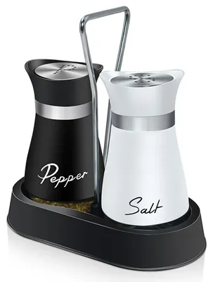 Salz- und Pfefferstreuer Set aus Glas mit Tablett, Schwarz-Weiß