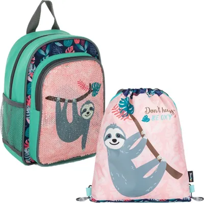 Produktbild von Faultier Kinder Rucksack mit Pailletten für den Kindergarten / Freizeit 4tlg. Set mit Turnbeutel