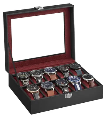 Produktbild von SONGMICS Uhrenbox mit 10 Fächern, Uhrenkasten, Glasdeckel, Uhrenkoffer, herausnehmbare Uhrenkissen, Metallverschluss, Geschenkidee, PolyurethanBezug in Schwarz, Samtfutter in Weinrot JWB010R01