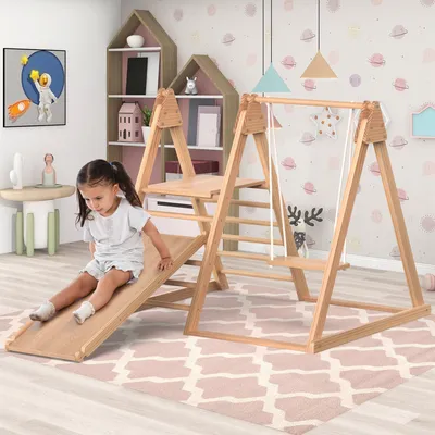 Produktbild von Merax 3-in-1 Kletterdreick Indoor Klettergerüst mit Schaukel und Rutsche, Kletterwand Kinderspielzeug Sprossendreick aus Holz für Kinder