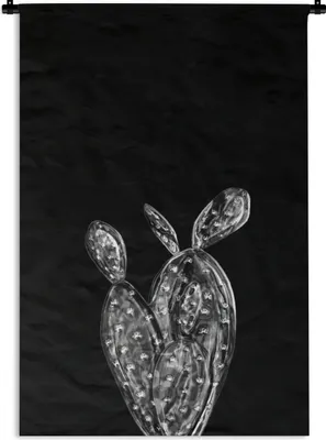 Produktbild von MuchoWow® Wandteppich Wandbehang Blätter eines Kaktus auf schwarzem Hintergrund - schwarz und weiß 90x135 cm Tapisserie Dekoration Wandtuch - Baumwolle - Wandskulptur