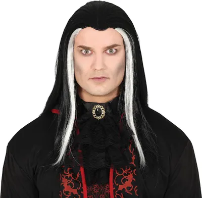 Produktbild von Vampir Halloween Perücke Lange Haare Weiß Schwarz Erwachsene Eleganz, Farbe: Schwarz