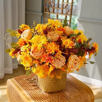 Immagine prodotto di Composizione floreale artificiale in due parti, fiori autunnali per il Giorno del Ringraziamento, bouquet di fiori di seta per decorazioni autunnali, casa, matrimoni e Giorno del Ringraziamento (oro)