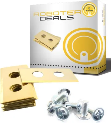 A product shot of replacement blades and screws for a robotic lawnmower, with packaging in the background.
