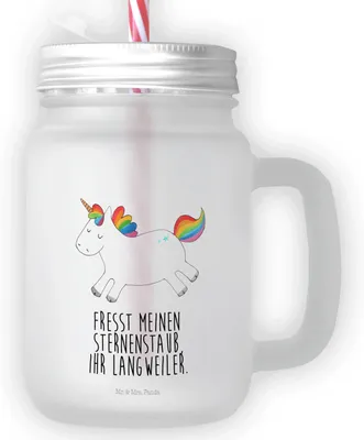 Produktbild von Mr. & Mrs. Panda Cocktailglas Einhorn Happy - Transparent - Geschenk, Unicorn, Glas, glücklich, Einhörner, Fröhlich, Trinkgefäß, Mit Deckel Und Strohhalm, Becher, Lächeln