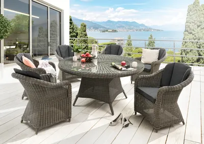 Produktbild von Destiny Malaga Luna Essgruppe 6 Sessel + Tisch Ø 150x75cm Vintage Grau