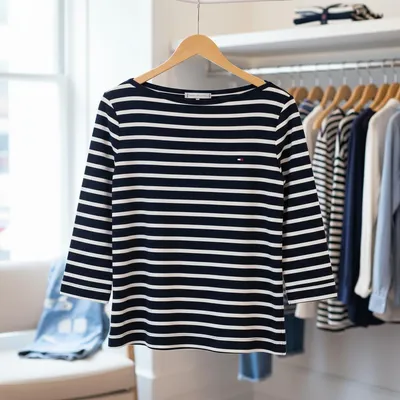 Produktbild von Tommy Hilfiger Damen Shirt 3/4-Arm Gestreift U-Boot-Ausschnitt Blau Gr. M