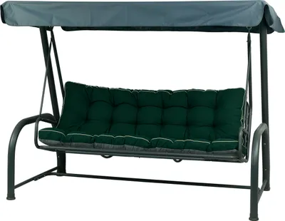 A garden swing with cushions and a canopy, shown against a white background.