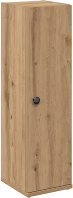 A tall, narrow cabinet with a wood-grain finish and a single black knob on the door.
