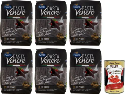 Produktbild von 6x Riso Scotti Pasta Venere Penne Rigate,Pasta aus Hartweizengrieß und Schwarzem Venere-Vollkornreismehl,Packung mit 400g + Italian Gourmet Polpa di Pomodoro 400g Dose