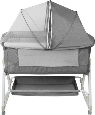 Image de Lit bébé avec table à langer Lit d'appoint réglable en 6 positions Poussette avec roulettes & moustiquaire 90*50*110cm Gris lin