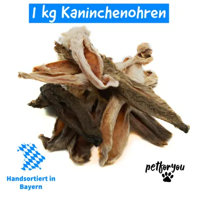 A pile of dried rabbit ears for pets, with marketing text and logos.