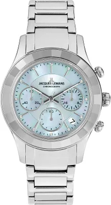 A silver Jacques Lemans chronograph watch with a light blue mother-of-pearl dial.