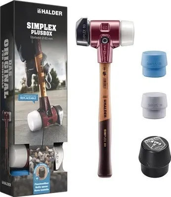 Produktbild von HALDER SIMPLEX Plusbox Starterkit Schonhammer Ø 80 mm Superplastik / TPE-mid / TPE-soft / Gummi mit Standfuß + Flaschenöffner