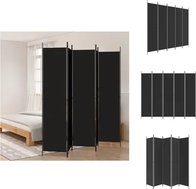A black room divider is shown in a bedroom setting, with a bed and a rug visible.