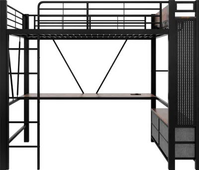 Zdjęcie produktu dla Łóżko loftowe 90x200cm Żelazne biurko 4 szuflady LED USB-C Typ-C Perforowana deska Suszarka Półki Poręcz Drabinka Schody Czarny
