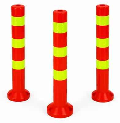 Produktbild von 3er Set - Sperrpfosten [Höhe-68cm] - Absperrpfosten Kunststoff reflektierend | Absperrung mit Standfuß [Befestigung mit Schrauben] | Absperrständer | Park Pfosten Farbe Rot | Leitpfosten | Poller