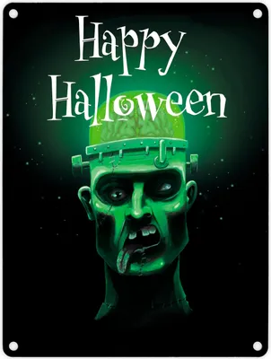 Produktbild von Metallschild in 15x20 cm mit gruseligem Zombie Motiv und Happy Halloween