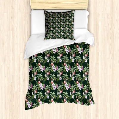Produktbild von ABAKUHAUS Tropisch Bettbezug Set für Einzelbetten, Exotische Flamingo Blumenstrauß, Milbensicher Allergiker geeignet mit Kissenbezug, 135 cm x 200 cm - 80 x 80 cm, Jägergrün Multicolor