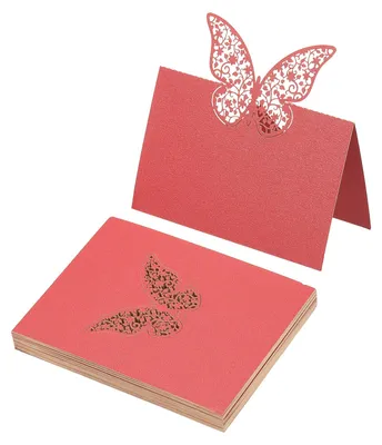 50er Set Hochzeitsplatzkarten, lasergeschnitten, Schmetterling, Perlenrot
