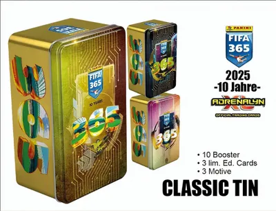 A product shot of FIFA 365 Adrenalyn XL trading card tins, with accompanying marketing text and logos.