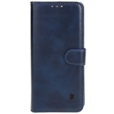 A blue flip-style phone case is shown against a white background.