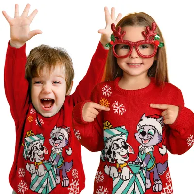 Produktbild von Paw Patrol Winterpullover für Kinder - Marshall und Everest Winter Strick Pullover Sweatshirt Ugly Sweater Rot 110-116