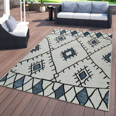 Produktbild von TT Home Flachgewebter In- & Outdoor Teppich Ethno Abstraktes Geometrisches Design Blau Größe 120x160 cm