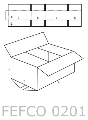 A diagram of a cardboard box's flat layout and a 3D representation of the assembled box.
