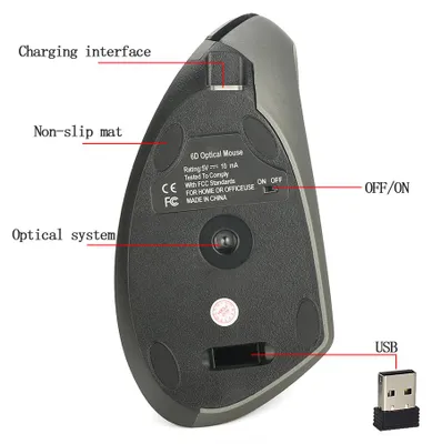 Obrázok produktu pre Bezdrôtová myš HXSJ – vertikálna, ergonomická, dobíjateľná, s voliteľnou rýchlosťou pohybu (2400 dpi), s USB káblom na nabíjanie, pre Mac, notebooky a PC