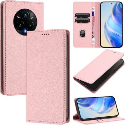 Image de Etui en cuir pour Realme 14 Pro+, cuir Litschi, étui portefeuille avec fentes pour cartes et support Rose