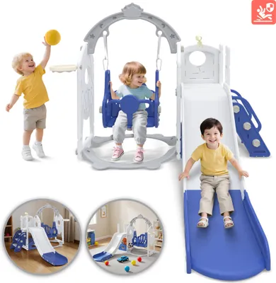 Zdjęcie produktu dla Zjeżdżalnia dla dzieci XMTECH 6 w 1 dla dzieci w wieku 1-3 lat, zjeżdżalnia dla dzieci z huśtawką, obręczą do koszykówki i teleskopem do zabawy, plac zabaw wewnątrz i na zewnątrz, drabinka do wspinaczki, sprzęt do zabawy dla maluchów, plastikowa zjeżdżalnia ogrodowa